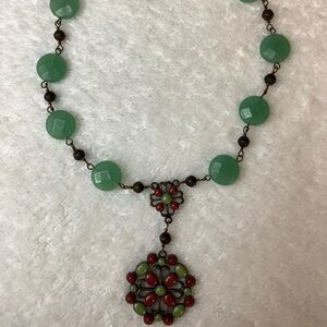 Vintage Green & Red Cabochon Brass Filigree jewelry set earrings & necklace